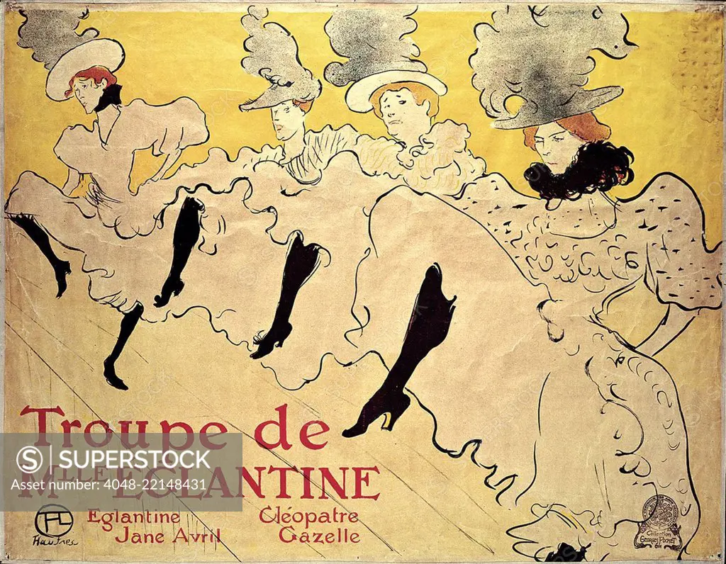 La Troupe de Mademoiselle Eglantine, by Henri de Toulouse-Lautrec, 1895, Post-Impressionist print. 'La troupe de Mlle Eglantine,' was a group of French cancan dancers: Jane Avril, Mlle Eglantine, Cleopatre and Gazelle. Avril commissioned this lithographic (BSLOC_2017_5_67)