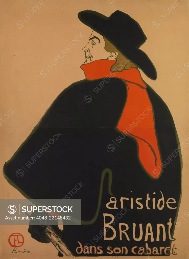 Aristide Bruant, at His Cabaret, by Henri de Toulouse-Lautrec, 1893, French Post-Impressionist print. Lautrec made this lithographic poster to promote performances of singer Aristide Bruant at up-scale cafe-concerts on the Champs-Elysees. Lautrec emphasiz (BSLOC_2017_5_68)