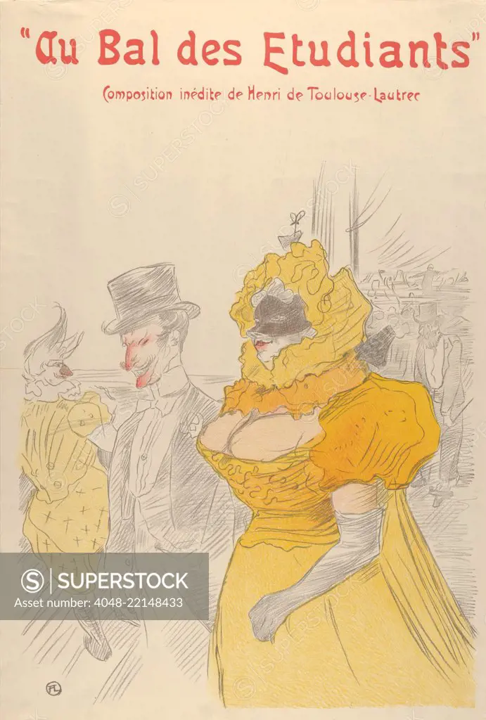 Au Bal des Etudiants, by Henri de Toulouse-Lautrec, French Post-Impressionist, 1900, drawing. A man and woman at a costume ball with an orchestra conductor in the background (BSLOC_2017_5_69)