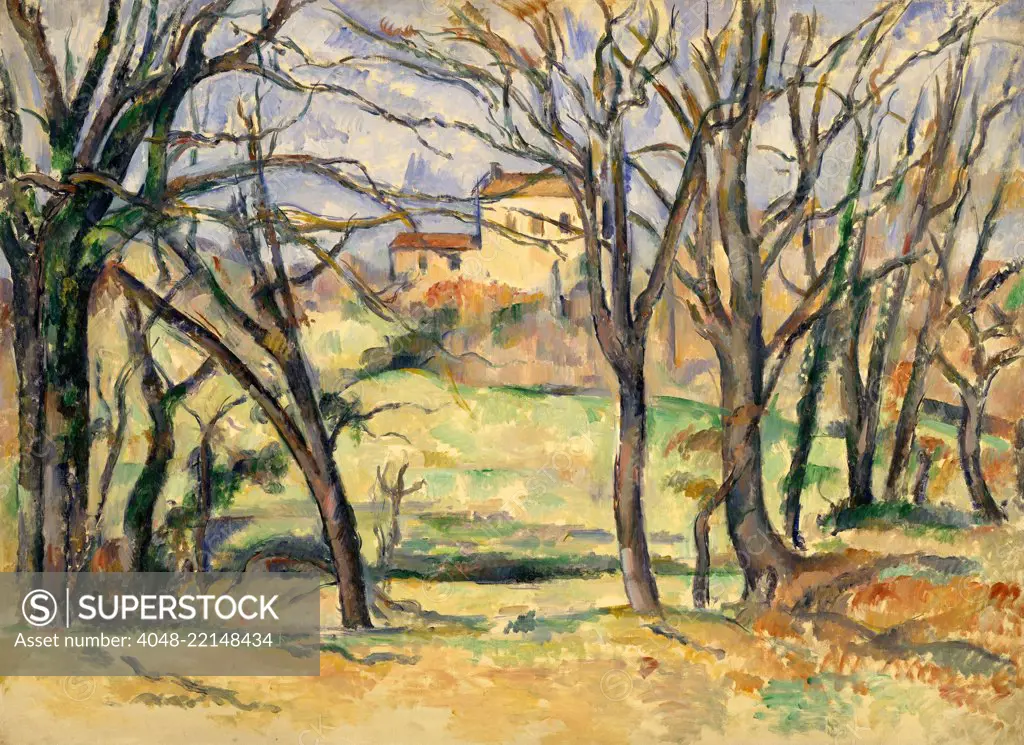 Trees and Houses Near the Jas de Bouffan, by Paul Cezanne, 1885-86, French Post-Impressionism. This was painted from nature, south of the Jas de Bouffan, the Cezanne family residence near Aix-en-Provence (BSLOC_2017_5_7)