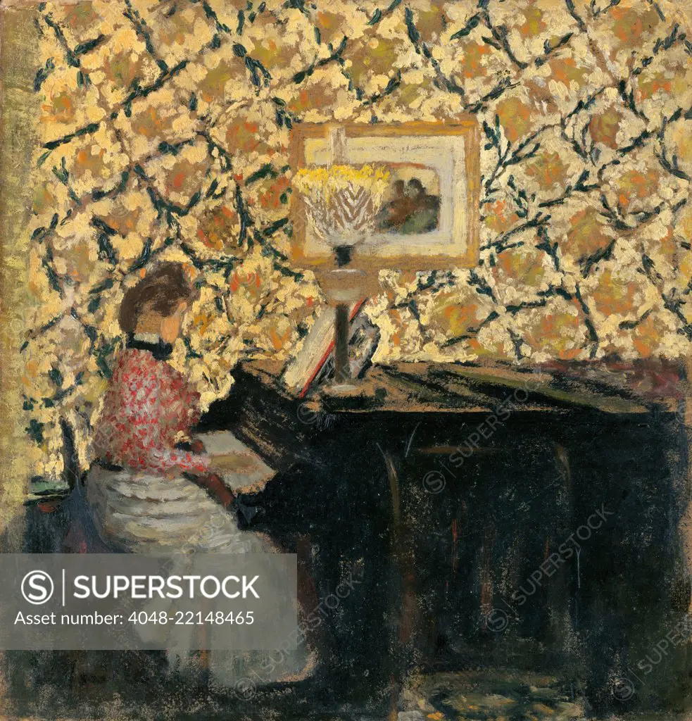 Misia at the Piano, by Edouard Vuillard, 1895, French Post-Impressionist, oil painting on cardboard. Misia Sert, was born into a Polish musical family, and was active in Paris artistic circles after she married Thadee Natanson in 1889 (BSLOC_2017_5_99)