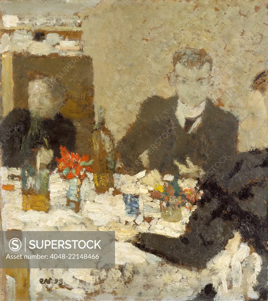 At Table, by Edouard Vuillard, 1893, French Post-Impressionist, oil painting on cardboard. This small picture of 12 x 10 inches, depicts an interior with three indistinctly painted figures dining (BSLOC_2017_5_98)