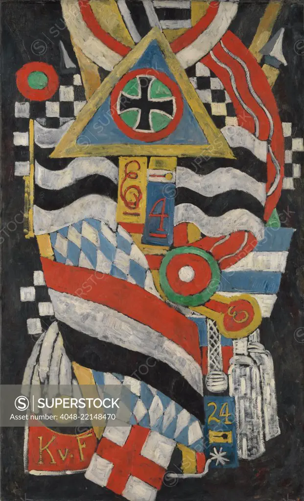 PORTRAIT OF A GERMAN OFFICIER, by Marsden Hartley, 1914, American painting, oil on canvas. Hartleys composition is an abstract portrait of Karl von Freyburg, a Prussian lieutenant, a friend of the artist who died in World War 1. Von Freyburg is portrayed symbolically with the initials, 'K.v.F.'; his regiment number, 4; his age at death, 24; and the Iron Cross that he received posthumously (BSLOC_2017_7_103)