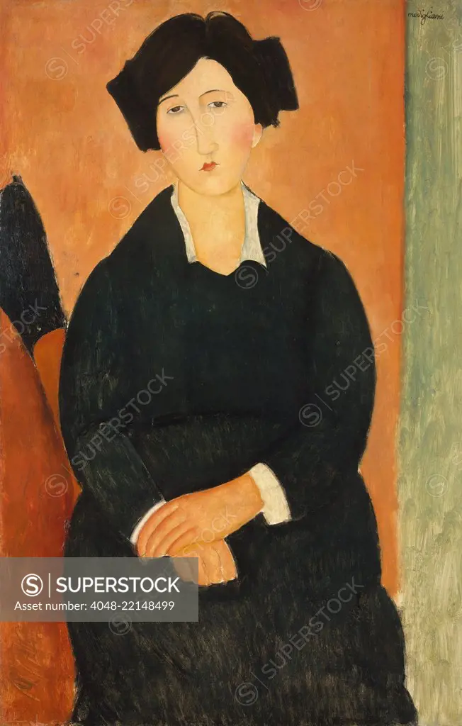 THE ITALIAN WOMAN, by Amedeo Modigliani, 1917, Italian modernist painting, oil on canvas. The sitter was probably the artist's friend or neighbor. The artist moderates his usual anatomical elongations to an oval head and sloping shoulders. He maintains his typical narrow elongated nose and small mouth. It is painted with strong silhouette of brushed color with minimal color or tonal modeling (BSLOC_2017_7_13)