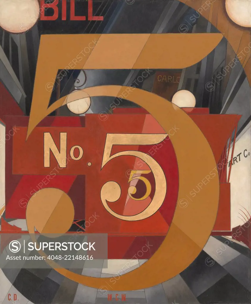 I SAW THE FIGURE 5 IN GOLD, by Charles Demuth, 1928, American painting, oil, gold leaf on paperboard. Demuth's 'poster painting' of his friend, the poet William Carlos Williams, and a visual tribute to his 1921 poem, 'The Great Figure' (BSLOC_2017_7_99)