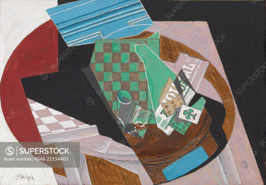 CHECKERBOARD AND PLAYING CARDS, by Juan Gris, 1915, Spanish Cubist drawing, gouache, graphite, and resin on paper. The composition is anchored by two vertical arcs of the 'table top', as the foundation of visual play of abstracted figurative elements (BSLOC_2017_7_7)