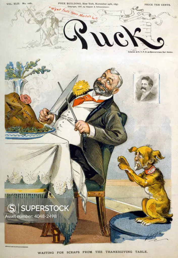 Thanksgiving, Puck Magazine cover entitled Waiting for scraps from the Thanksgiving table, Political cartoon showing Richard Boss Croker about to carve a turkey while Thomas Collier Platt, depicted as a dog, begs for table scraps, by Louis Dalrymple, 1897