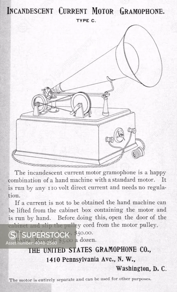 Gramophone advertisement, Incandescent Current Motor Gramophone, circa 1890s.