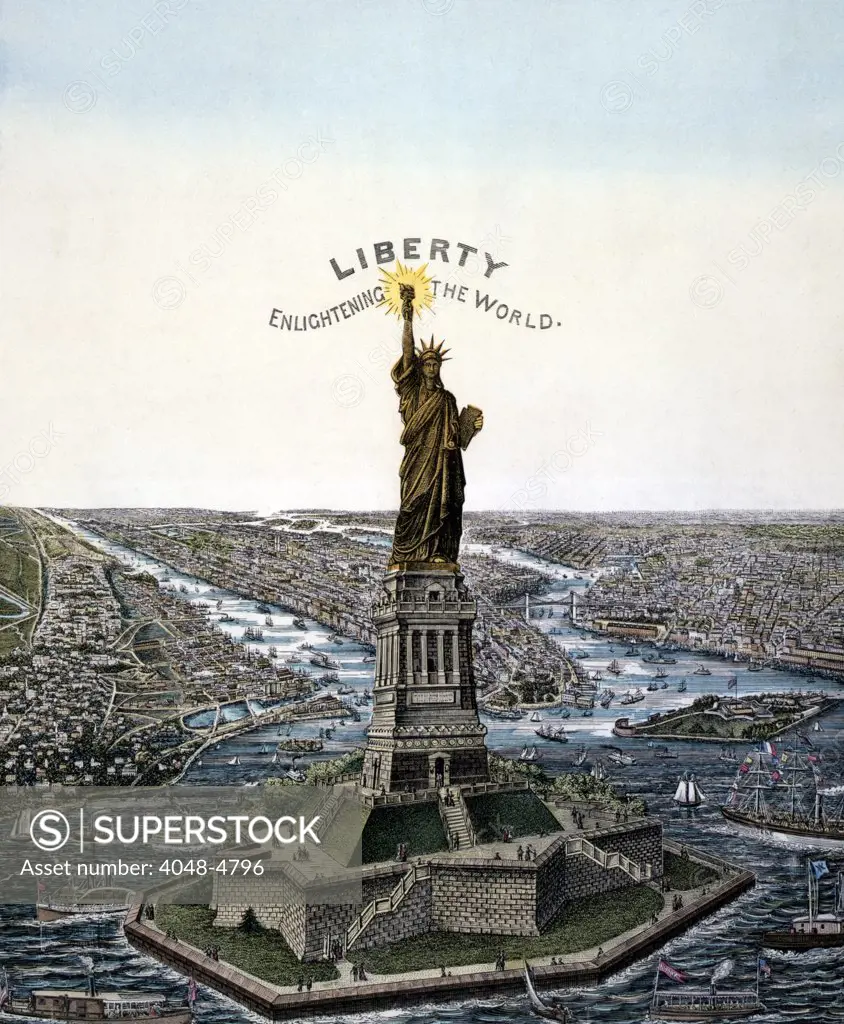 Statue of Liberty. Bartholdi 'Statue of Liberty,' erected on Bedloe's Island, in New York Harbor, chromolithograph ca. 1885