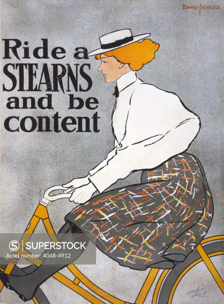 Ride a Stearns and be content. Poster advertising Stearns bicycles, showing a woman cyclist. Edward Penfield chromolithograph ca. 1896.