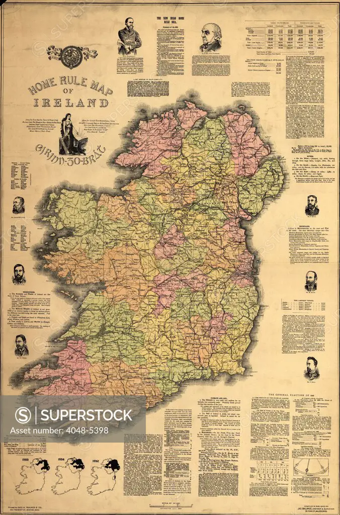 Map of Ireland supporting the 1893 'Home Rule' bill then under consideration by British Parliament.  Map shows bill's sponsor, Gladstone, and Irish nationalist  Charles Parnell.  The bill was defeated, but finally passed in 1914 to gain peace with Ireland during World War 1.