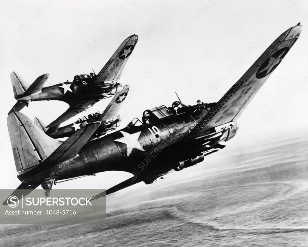 Three U.S. Navy Dauntless dive bombers on a fighting mission in the Pacific, on a fighting mission in the Pacific. 1943.