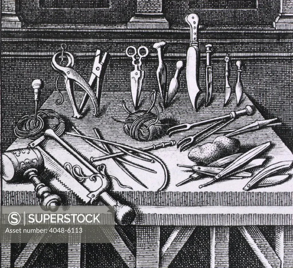 16th century surgical equipment and instruments arranged on a table. From Ambroise Pare's, DIX LIVRES DE LA CHIRURGIE (TEN BOOKS ON SURGERY), 1564.