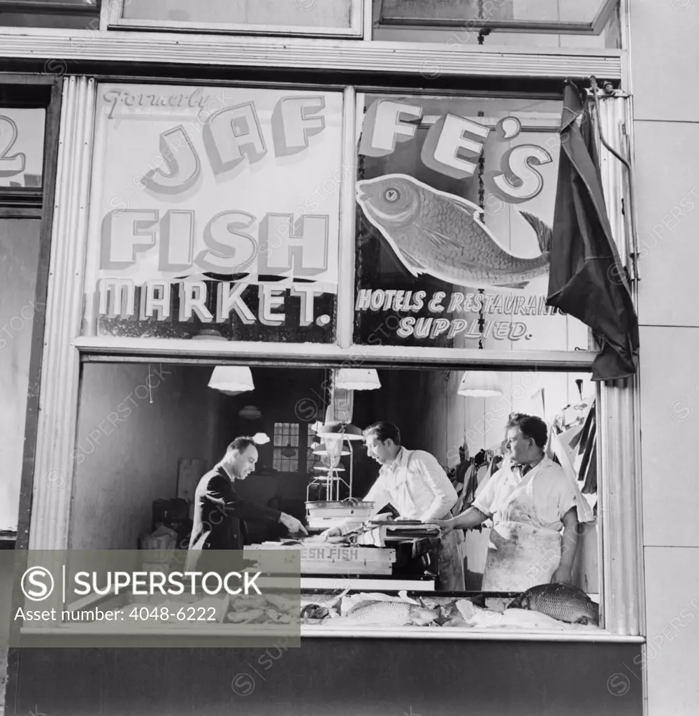 Fish store in the Lower East Side, the Jewish neighborhood of New York City. August 1942.