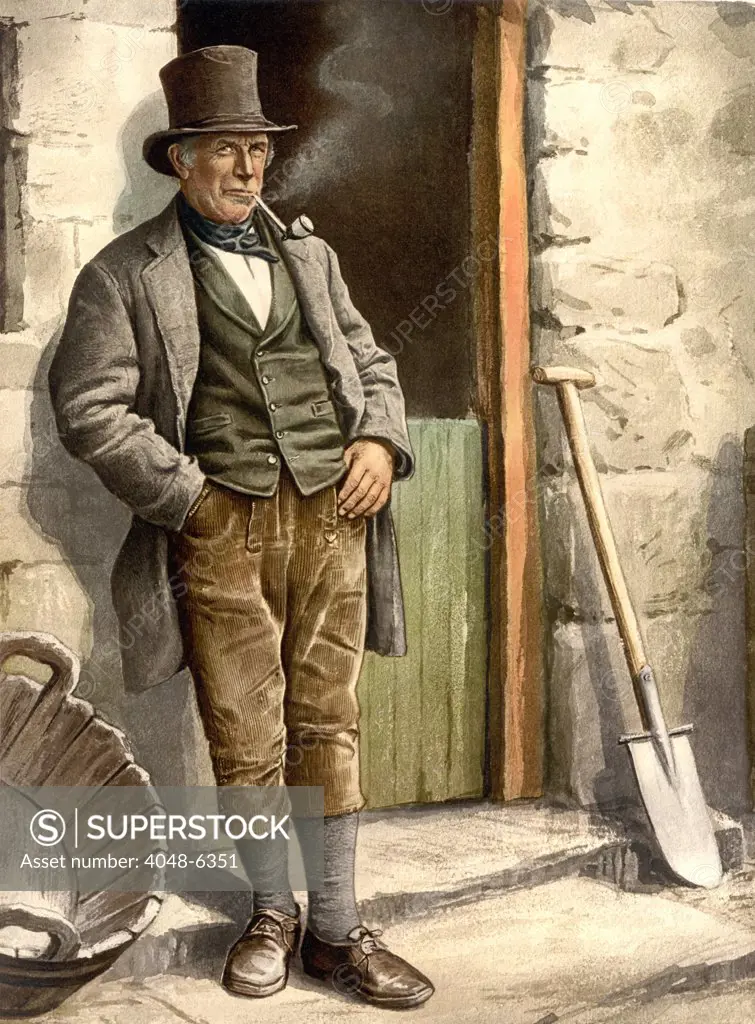 Irish Farmer, of the late 19th century wearing knee britches, top hat and smoking his pipe.