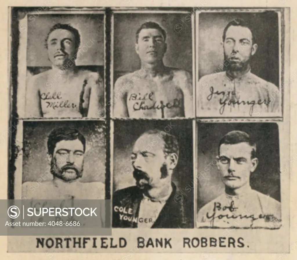 Six members of the James-Younger Gang members killed or captured in the disastrous Northfield, Minnesota bank robbery of Sept. 7, 1876. Bill Chadwell and Clell Miller were killed in the street in front of the bank. While the Younger Brothers were captured, the James Brothers, Jesse and Frank escaped capture and evaded the law for another five years.