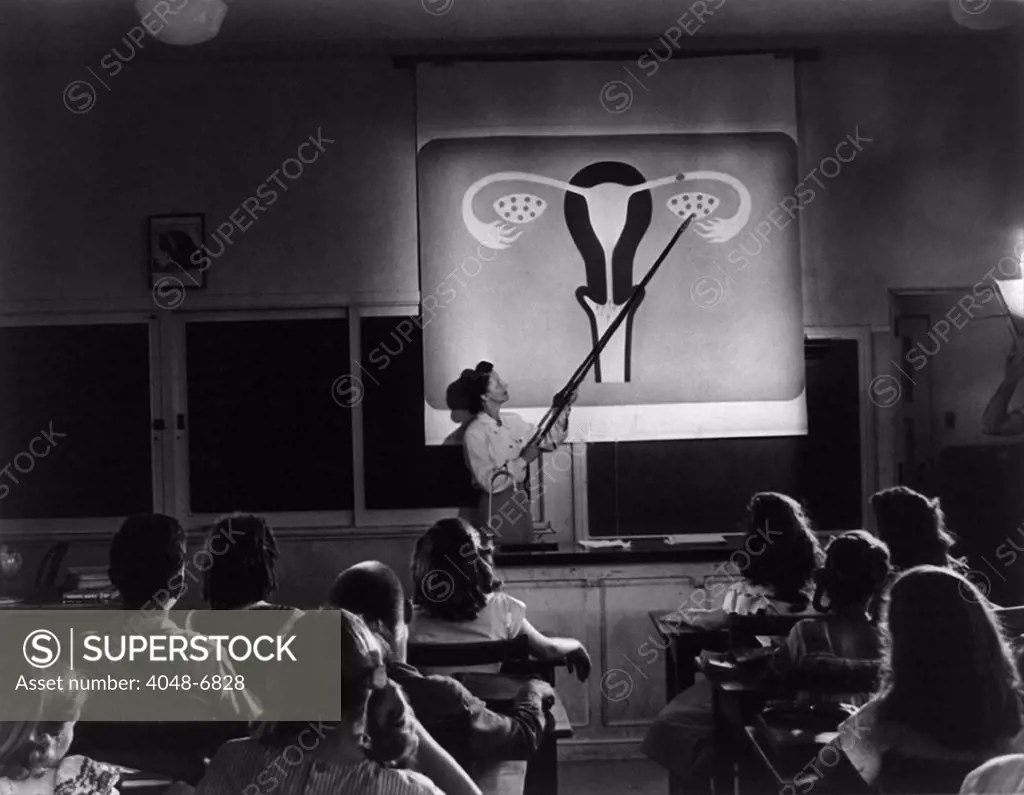 Teacher points to a diagram of female reproductive organs in a Sex  Education class. The Oregon junior high students are viewing an educational  film, HUMAN GROWTH, in 1948. - SuperStock