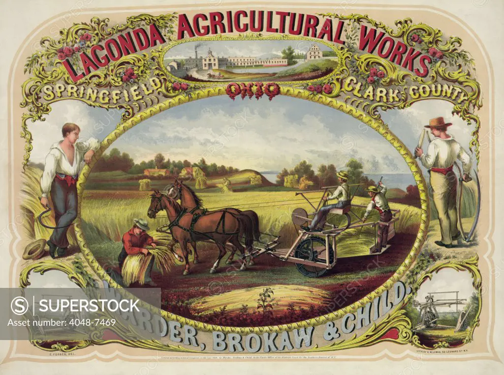 Advertising poster for the Laconda Reaper, one of first machines that revolutionized 19th century agriculture. The horse drawn reaper mowed down grain, and laborers hand binding the sheaves.