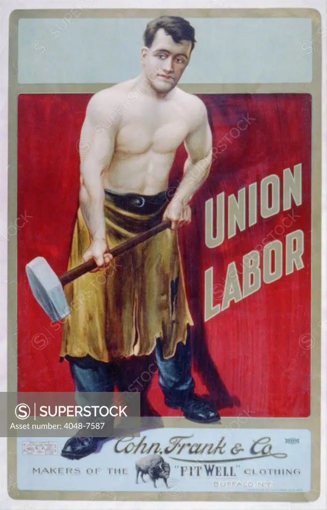 The words 'Union Labor' are prominently displayed on an advertisement for Cohn, Frank & Company, makers of the 'Fit Well' clothing. Ca. 1905.