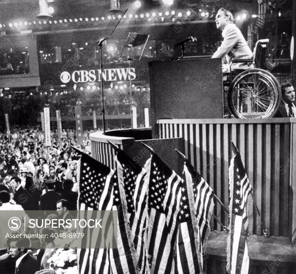 Alabama Governor George Wallace sits in a wheel chair to address the 1972 Democratic Convention. The right wing politician won five 1972 Democratic primaries before he was shot and paralyzed while campaigning. July 11, 1972.