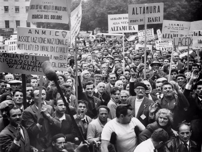 Disabled Italians protesting insufficient government funding for rehabilitation and jobs. Rome, Italy, 1961.