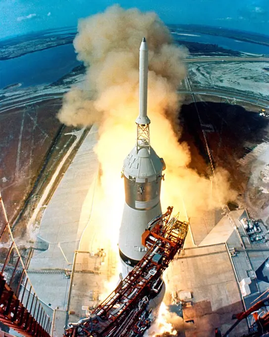 Moon launch. The liftoff of Apollo 11 on a Saturn V missile starts the Moon mission of astronauts Neil Armstrong, Michael Collins and Edwin Aldrin. July 16, 1969.