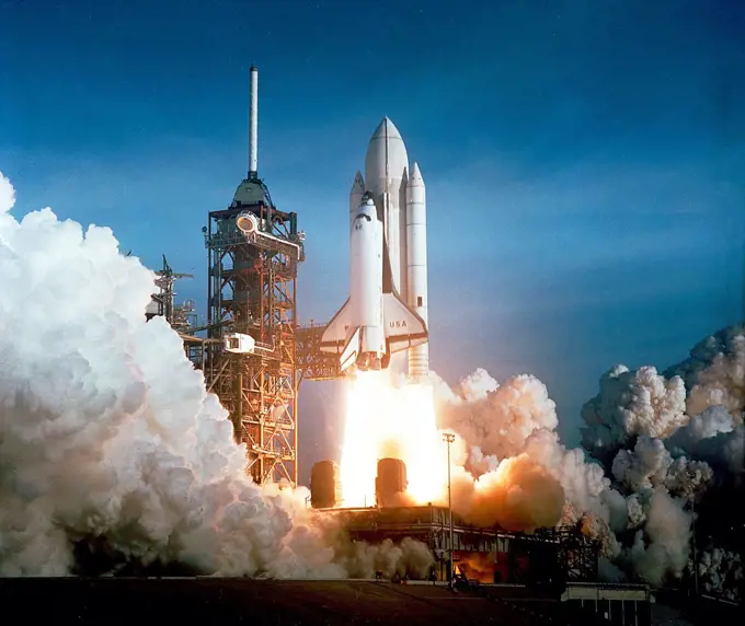 First space shuttle launch on April 12, 1981. Astronauts John Young and Robert Crippen spent 54 hours in Earth orbit and return in an unpowered landing at Edwards Air Force Base in California.