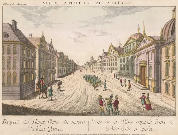 Street scene in Quebec City, with soldiers marching, and a Red Coated officer on horseback, and pedestrians. In the foreground are three men in frontier costume, with feathers in their hats. The tracks in the street indicate it is unpaved, which contrasts with the fine architecture modeled after a sophisticated European city. Engraving by Franz, c. 1770-79  (BSLOC_2019_3_101)