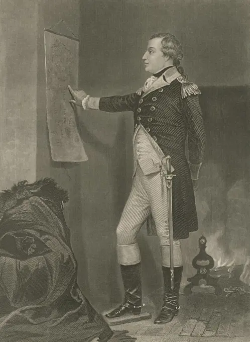 Portrait of a uniformed Major General Richard Montgomery, studying a wall map. He was a Anglo-Irish Veteran of two British wars: Seven Years War and Pontiac's War. In June 1775, he led an American campaign to Canada, capturing Montreal, but was defeated and killed in action in Quebec City on Dec. 31, 1775  (BSLOC_2019_3_102)