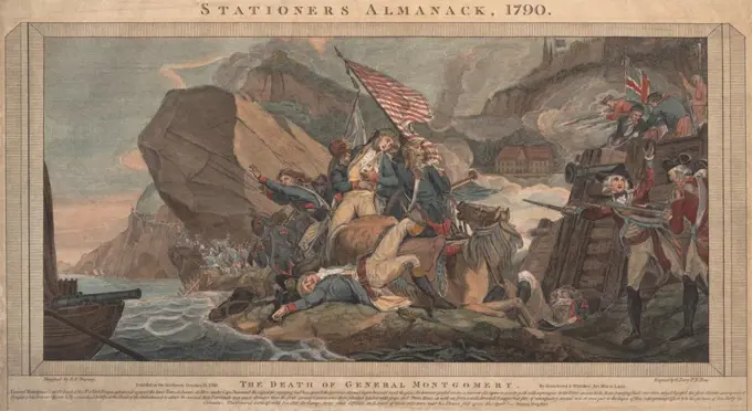 Gen. Montgomery is killed in action with his aide de camp and other officers at a British fortification near the Lower Town of Quebec City, Dec, 31, 1775.The General was hit by artillery shooting deadly grapeshot, as was his aid de camp and other officers. The Americans' failure to take Quebec in 1775 ended their campaign in Canada  (BSLOC_2019_3_103)