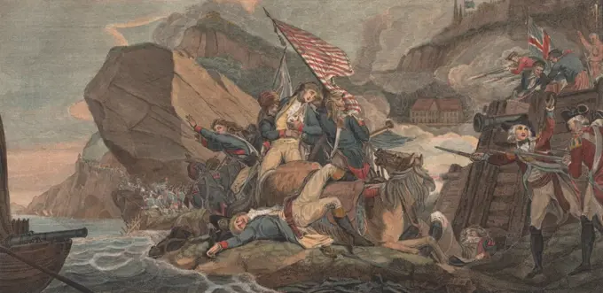 Gen. Montgomery is killed in action with his aide de camp and other officers at a British fortification near the Lower Town of Quebec City, Dec, 31, 1775.The General was hit by artillery shooting deadly grapeshot, as was his aid de camp and other officers. The Americans' failure to take Quebec in 1775 ended their campaign in Canada  (BSLOC_2019_3_104)