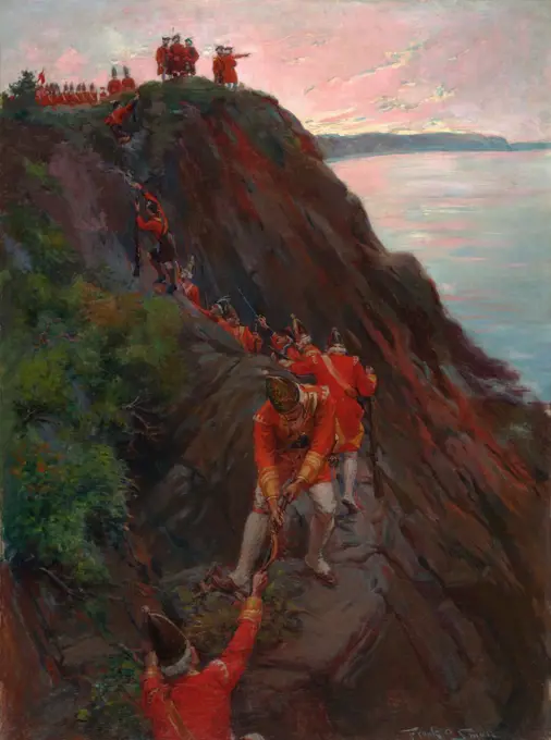 French and Indian War. Battle of the Plains of Abraham, Quebec City, Sept. 13, 1759. English grenadiers, the largest and strongest soldiers, scale the Heights of Abraham, 1759. Oil painting by Frank Otis Small, 1903  (BSLOC_2019_3_24)