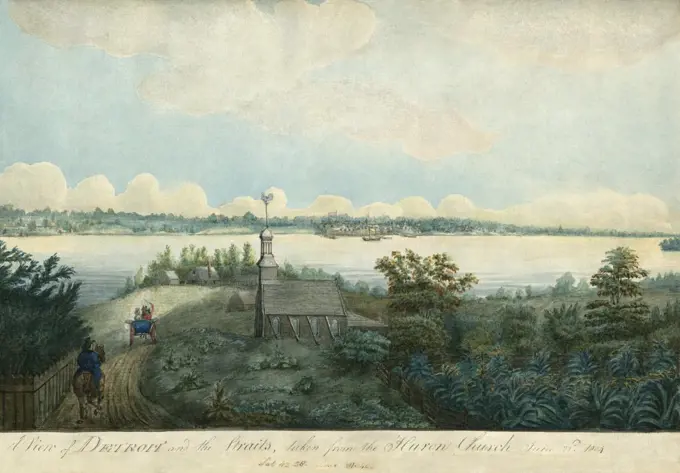 A VIEW OF DETROIT AND THE STRAITS, TAKEN FROM THE HURON CHURCH, by Edward Walsh, June 22, 1804. Medical officer, Lt. Walsh made this topographical watercolor for the British military in Upper Canada. Detroit, on the distance shore, was situated on the border of the US Northwest Territory and Upper Canada  (BSLOC_2019_5_49)