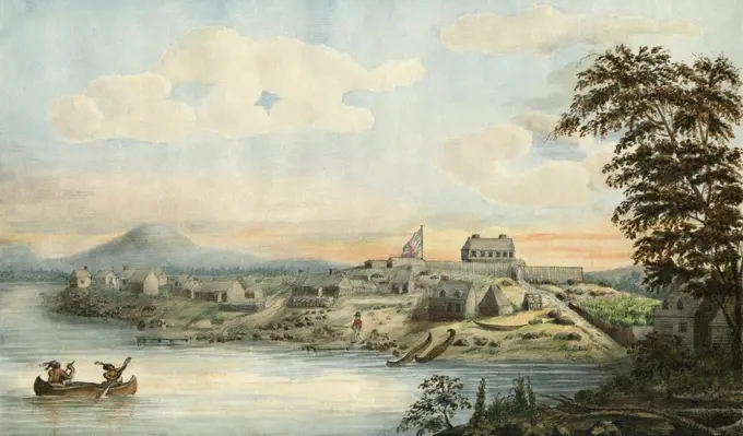 A VIEW OF THE POST OF ST. JOSEPH AT THE HEAD OF LAKE HURON, by Edward Walsh, July 12, 1804. Lt. Walsh was a British medical officer made many topographical sketches and watercolor drawings of views British forts in the Upper Canada from 1803-1805. The Northwest Territory had been ceded to the US by the Treaty of Paris, 1783. The Island of St. Joseph was important for regional trade and commerce, where British maintained a garrisoned fort. In 1842, the US/Border placed St. Joseph on the Canadian side  (BSLOC_2019_5_43)