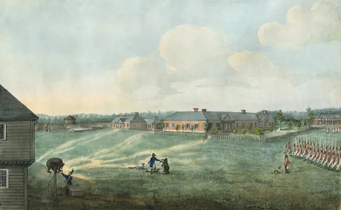 THE ESPLANADE, FORT GEORGE IN UPPER CANADA, by Edward Walsh, June, 1805. Fort George was built by the British Army after Jay's Treaty (1796) required Britain to withdraw from Fort Niagara. It became the regional headquarters for the British Army and was taken by US forces in May 1813 during the War of 1812, but ultimately remained on the Canadian side of the international border  (BSLOC_2019_5_44)