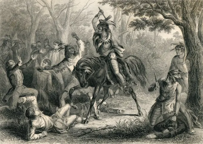 Tecumseh saving American prisoners captured in Upper Canada, June 18, 1812. British guards under Gen. Procter, allowed Native Americans to take scalps as prizes from the wounded and captured  (BSLOC_2019_6_54)