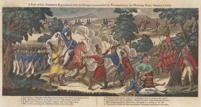 War of 1812. Battle of the Thames, aka Battle of Moraviantown, Oct. 5, 1813. Col. Richard Johnson's cavalry engaging the Tecumseh Confederacy on the battlefield. Johnson fights from his horse with his sword. At far right, Tecumseh, stands to rally his warriors  (BSLOC_2019_6_61)