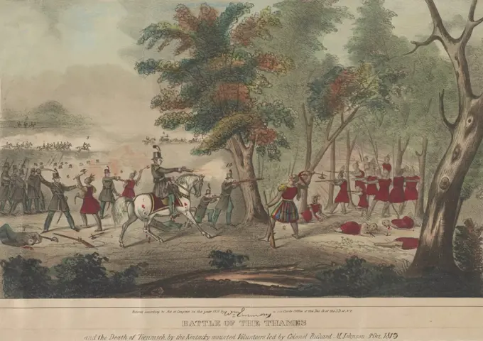 War of 1812. Battle of the Thames, aka Battle of Moraviantown, Oct. 5, 1812. The death of Tecumseh, at the hands of the Kentucky mounted volunteers, led by Colonel Richard Johnson. In center mounted Col. Johnson (1) and Tecumseh (2) exchange shots, resulting in wounds to Johnson, and death to Tecumseh. In the distance, British General Henry Procter (4) leaves the field in a coach with Lt. Col. James Johnson (5) in pursuit. In the far distance left (3) are Gen. Harrison, Com. Oliver Perry, and General Cass  (BSLOC_2019_6_62)