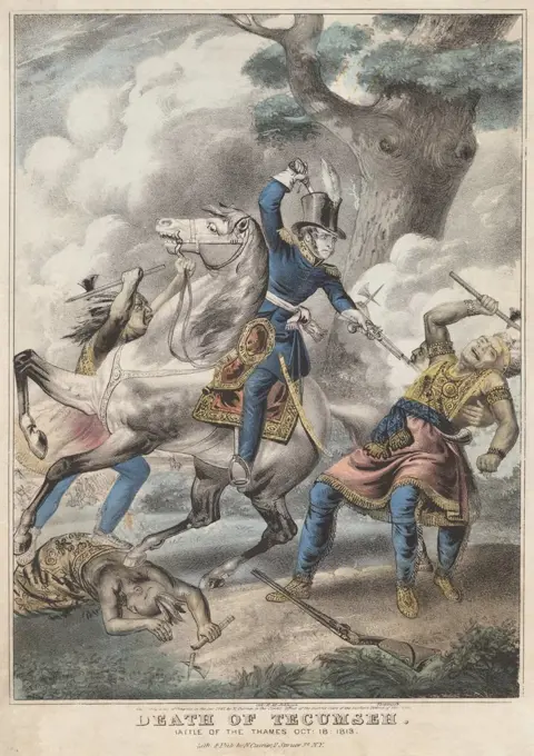 War of 1812. Battle of the Thames, aka Battle of Moraviantown, Oct. 5, 1812. Conjectural scene illustrating the death of Tecumseh, by a pistol shot from Col. Richard Johnson of the Kentucky Volunteers  (BSLOC_2019_6_64)