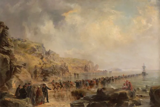 'Landing the Shore End of the Atlantic Cable', oil on canvas painting by British artist, Robert Charles Dudley. A long line of men pull the end of the cable ashore at Heart's Content, Newfoundland, Sept. 1866  (BSLOC_2019_8_155)