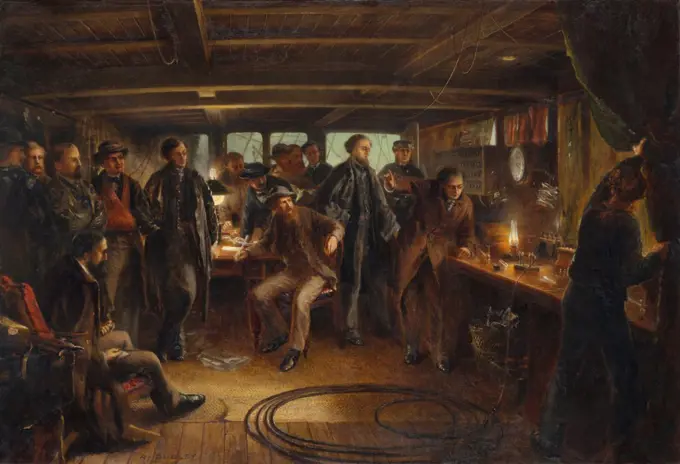 'Awaiting the Reply,' oil on canvas painting by British artist, Robert Charles Dudley. After the new Atlantic cable was installed at Heart's Content, Newfoundland, Sept. 1866, this group of men listen for the receipt of a signal. The test was successful and trans-Atlantic telegraphic communication was restored  (BSLOC_2019_8_156)