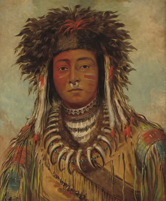 BOY CHIEF, OJIBWA, by George Catlin, 1843, painting, oil on canvas. The Ojibwa (Ojibwe), are Anishinaabe people of Canada and the northern Midwestern United States. He wears a buffalo fur headdress, from which hang strands of beads. Beaded strands hang from his neckband. Most dramatic is his bear claw necklace  (BSLOC_2019_9_17)