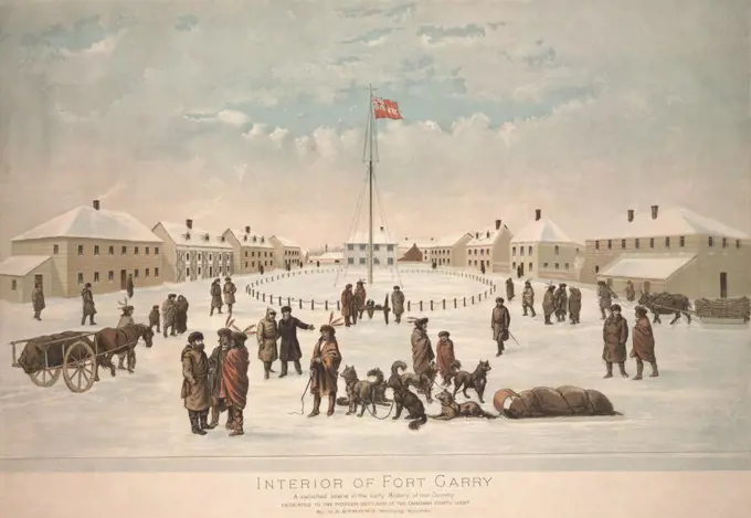 Fort Garry, Manitoba, 1884. Winter scene of Fort Garry with Native Americans and Euro-Americans mingling in the courtyard. The trading post was built by the Hudson Bay Company in 1822 at the confluence of the Red and Assiniboine Rivers in what is now Winnipeg, Manitoba, Canada. Note the initials 'HBC' on the flag with a Union Jack in the upper corner  (BSLOC_2019_9_171)