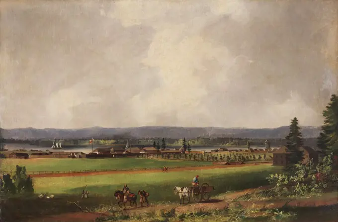 Hudson Bay Company trading post in Canada, c. 1845-48. This oil on canvas was painted by Paul Kane from sketches he made on his three-year artistic expedition into the northern frontier, 1845-48. At its height, the company dominated the fur trade in British North America and functioned as the de facto government in remote regions  (BSLOC_2019_9_170)