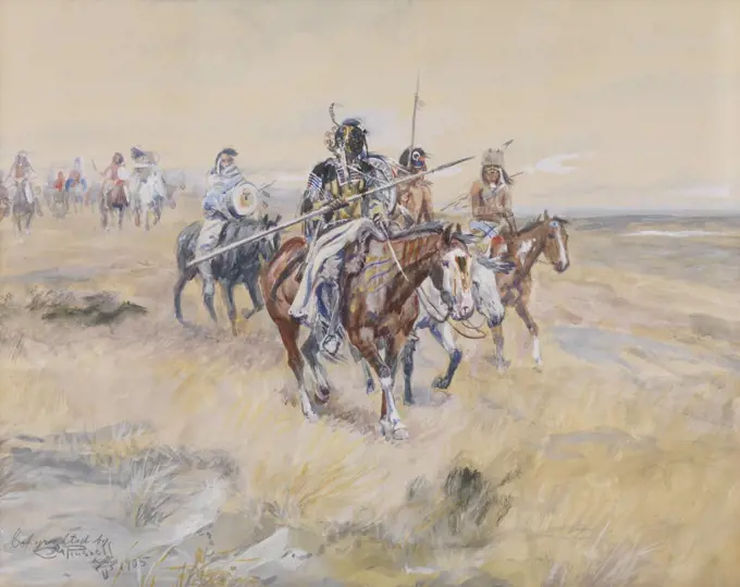 BLACKFEET. ACROSS THE PLAINS - ON THE WARPATH, 1905, by Charles M. Russell, watercolor and gouache on paper. Blackfeet Indians lived in the Northern Great Plains, specifically in Montana and Idaho as well as Alberta Canada in the 19th century  (BSLOC_2019_9_94)