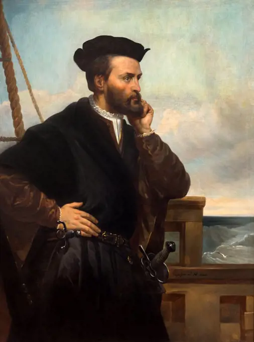 JACQUES CARTIER, 1844, painting, oil on canvas by Theophile Hame, after Francois Nicholas. Cartiers three expeditions (1534, 1535-36, 1541-42) to the St. Lawrence River and Gulf established the French claim present-day eastern Canada  (BSLOC_2020_1_185)