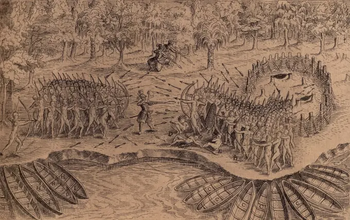 DEFEAT OF THE IROQUOIS AT LAKE CHAMPLAIN. 1613 engraving after a drawing by Samuel de Champlain shows Champlain leading his Indian allies, Algonquians, Hurons, and Montagnais, in battle, on July 29, 1609. The Iroquois, (on right) against defended a fenced fort, but were defeated with the help of three Frenchmen with harquebuses. The depiction is somewhat symbolic in that the Iroquois force was larger, with around 200 warriors  (BSLOC_2020_1_187)