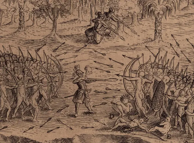 DEFEAT OF THE IROQUOIS AT LAKE CHAMPLAIN, detail of 1613 engraving after a drawing by Samuel de Champlain. In the center, Champlain fires his harquebus into Iroquois warriors, as two other French soldiers prepare to fire harquebuses into their flank. This is the only known actual likeness of Champlain  (BSLOC_2020_1_188)