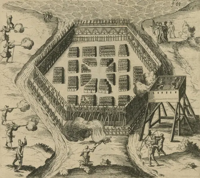 NATIVE AMERICANS AND FRENCH ATTACK NATIVE AMERICAN VILLAGE. The French colonial soldiers shoot harquebuses down into the Indian town inside the palisade, from a customized battle tower in 1619. Engraving is from 'Travels and Discoveries Made in New France,' 1620  (BSLOC_2020_1_189)