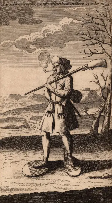 French Canadian soldier in war dress walks on snowshoes during the winter. This 1722 engraving relates to the fighting in Newfoundland and Hudson Bay during the Nine Years' War (16881697), also called the War of the League of Augsburg, and War of the Grand Alliance  (BSLOC_2020_1_193)